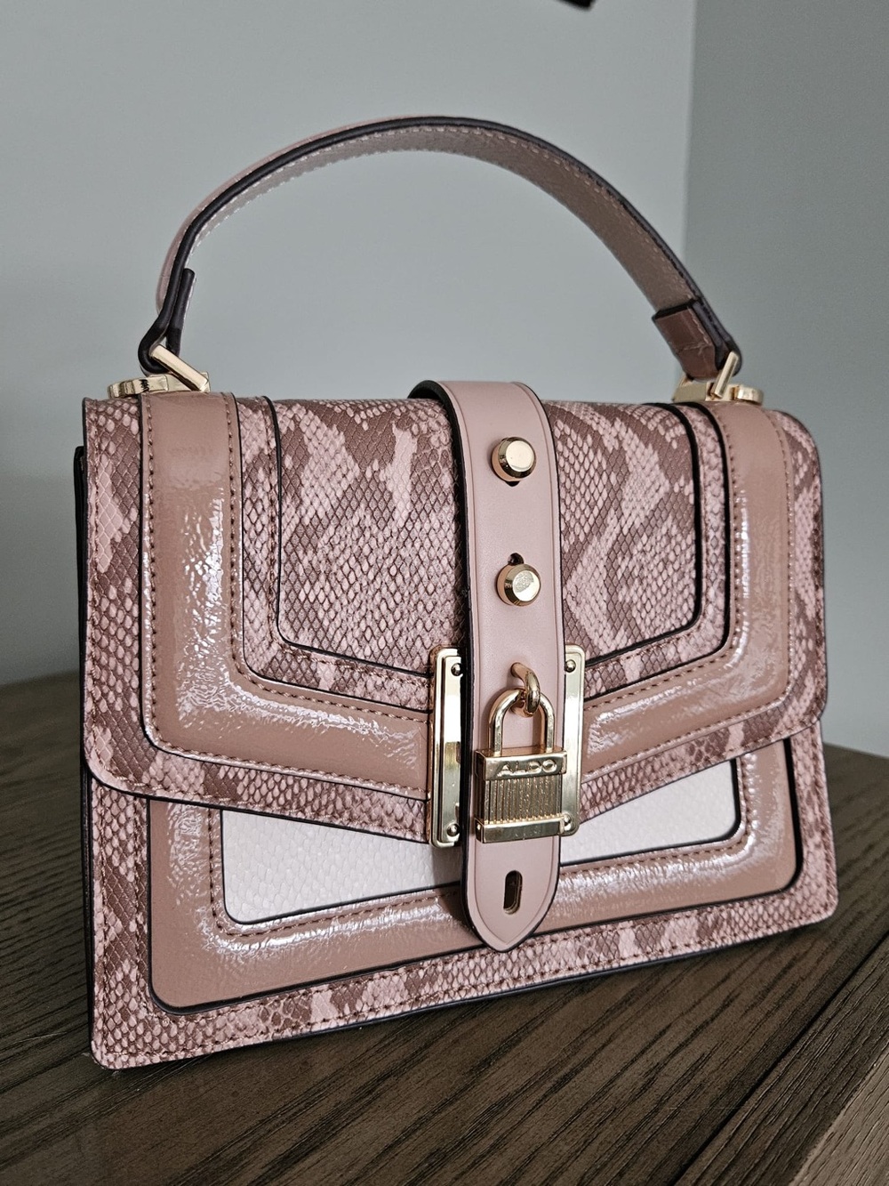 Aldo Blush Pink Snakeskin-Print Top Handle Bag